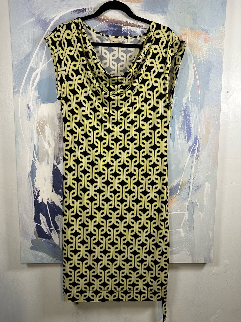 Banana Republic Belted Chain Link Cowl Neck Wrap Dress M Black Yellow Geometric